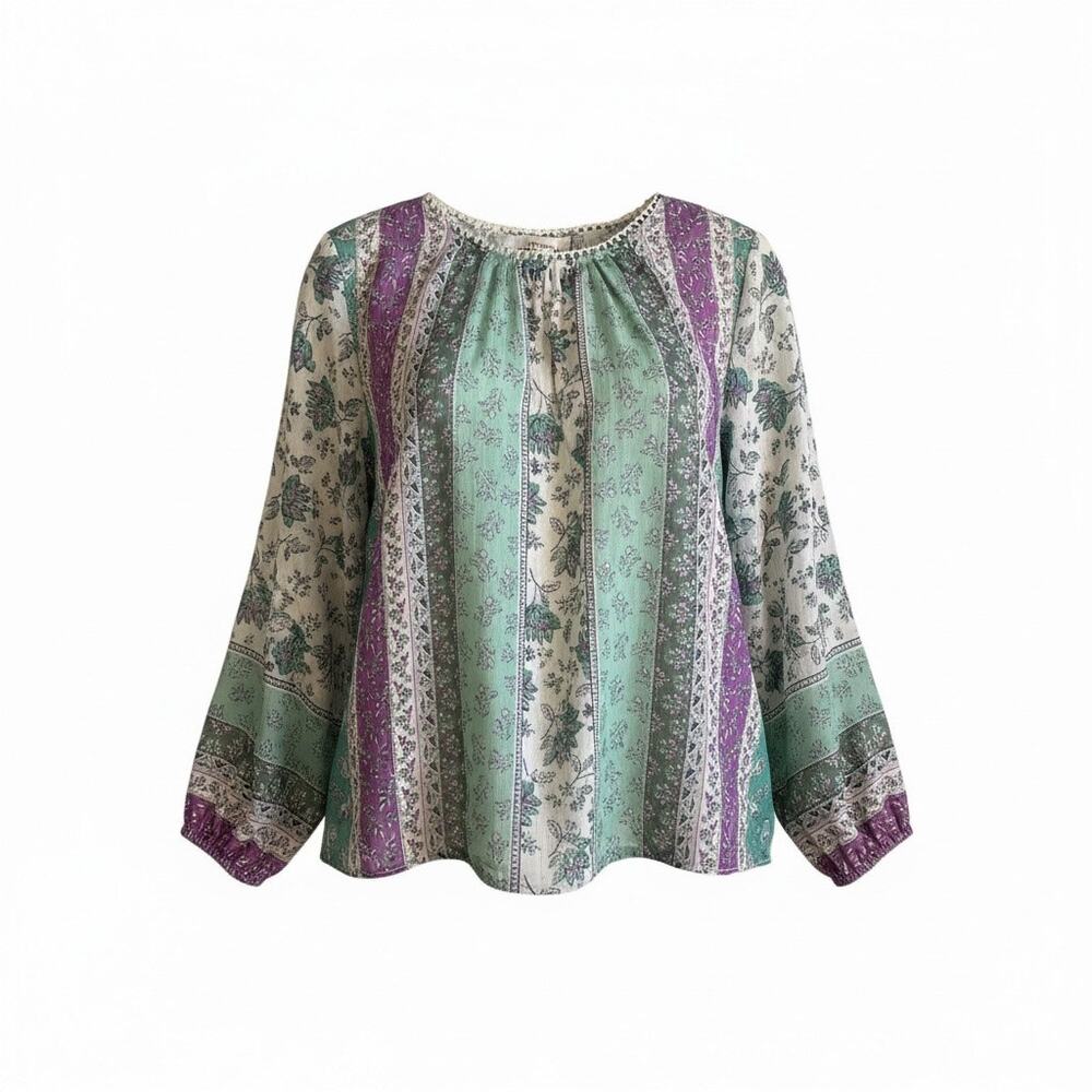 LOFT Boho Peasant Blouse XL Floral Patchwork Top Cottagecore Prairie Style